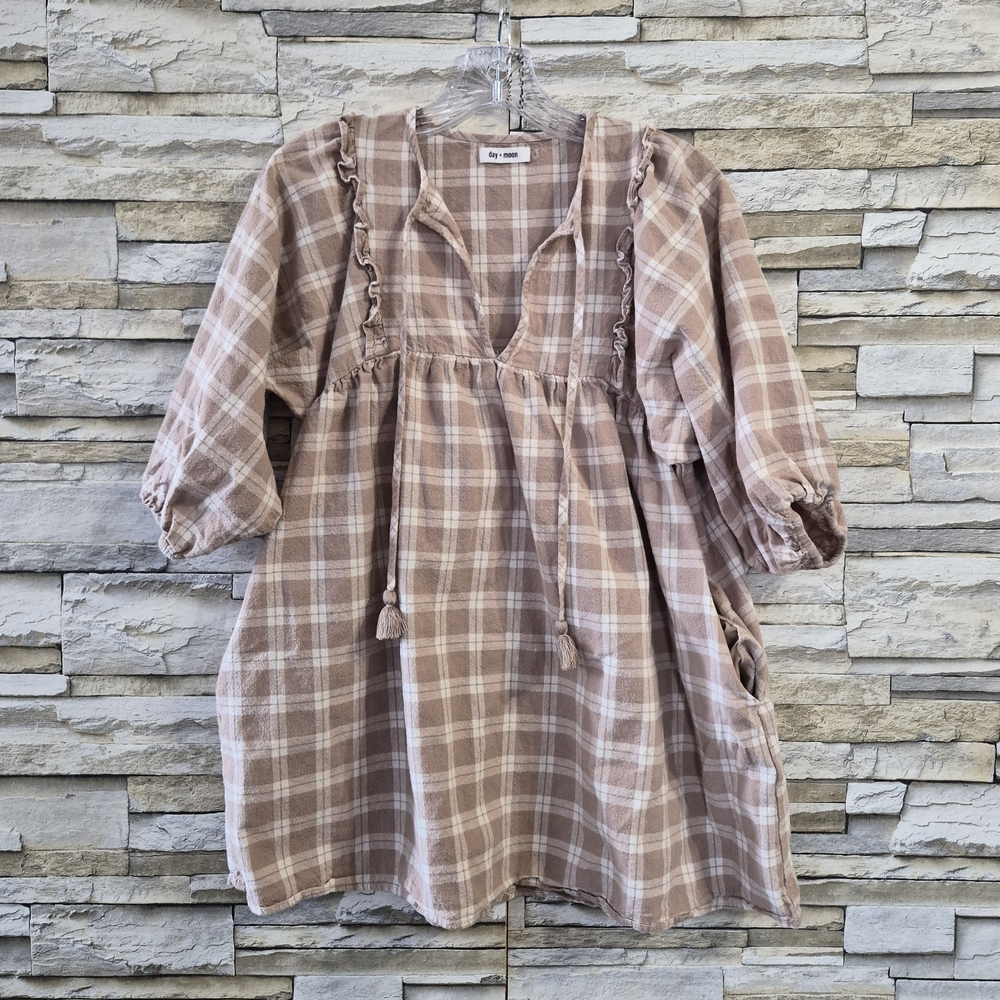​Day + Moon Mini Dress S Tan & White Puff Sleeve Tunic Baby Doll Cottagecore